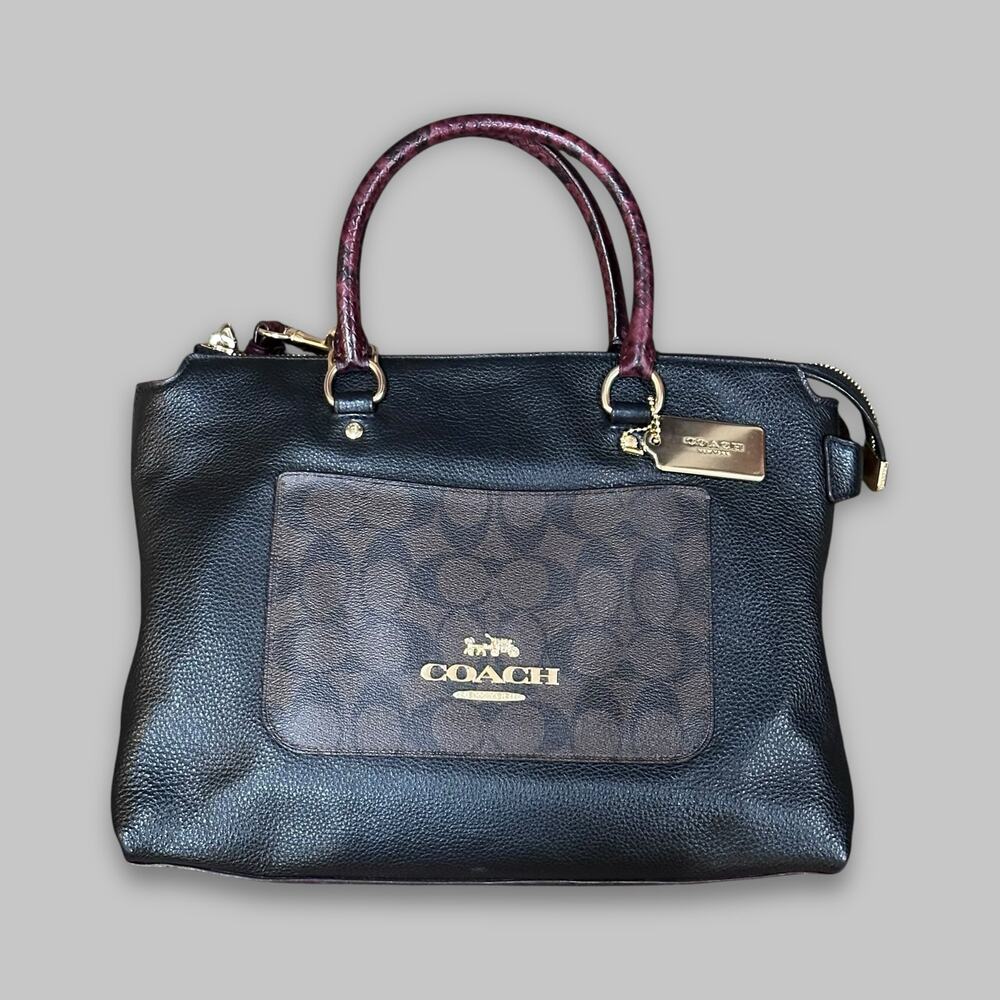 Coach Signature Satchel Crossbody Handbag – Black & Brown with Plum Handles